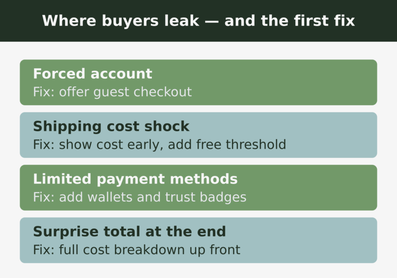 Common checkout leaks and their first fix: guest checkout, early shipping cost, more payment methods, upfront totals