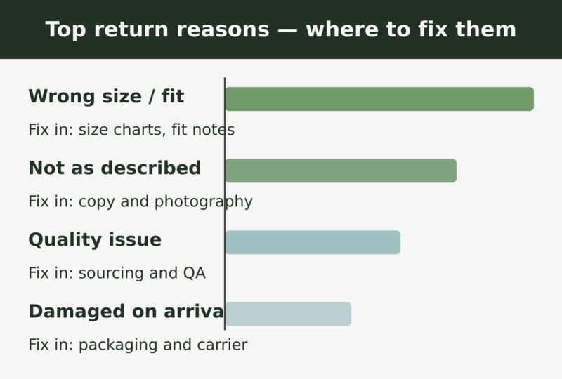 Top return reasons ranked, with where to fix each: sizing, product copy, sourcing, packaging